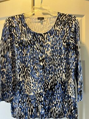 Talbots Blue/Black/White Animal-Print Three-Quarter Sleeve Cardigan